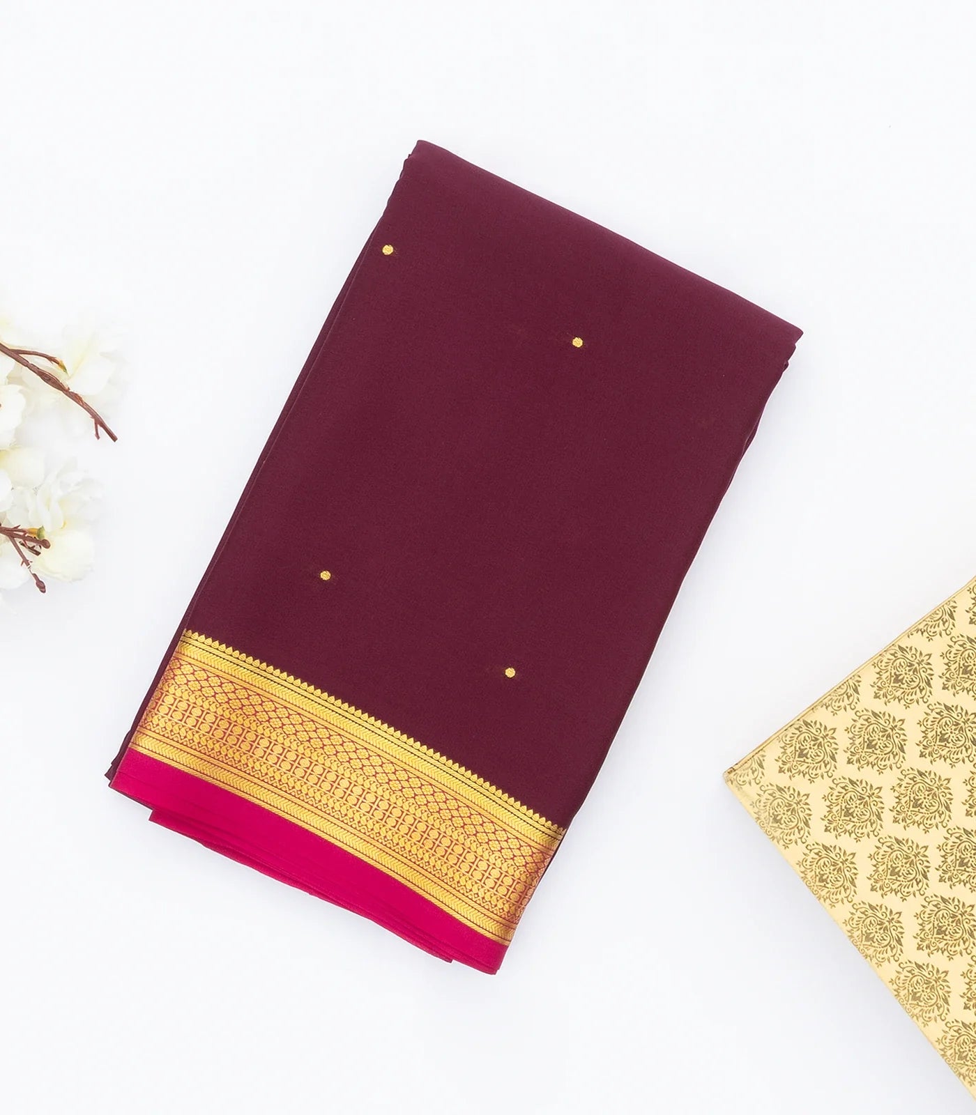 Maroon Mysore Crepe Silk Saree With Coin Buttas & Pink Zari Border