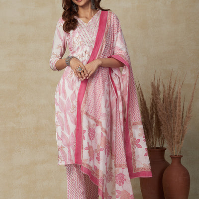 Floral Ethnic Printed Zari & Sequins Embroidered Kurta with Pants & Dupatta - White & Pink