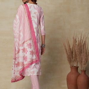 Floral Ethnic Printed Zari & Sequins Embroidered Kurta with Pants & Dupatta - White & Pink