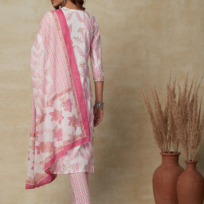 Floral Ethnic Printed Zari & Sequins Embroidered Kurta with Pants & Dupatta - White & Pink