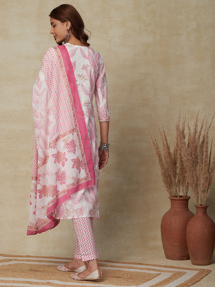 Floral Ethnic Printed Zari & Sequins Embroidered Kurta with Pants & Dupatta - White & Pink