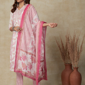 Floral Ethnic Printed Zari & Sequins Embroidered Kurta with Pants & Dupatta - White & Pink