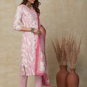 Floral Ethnic Printed Zari & Sequins Embroidered Kurta with Pants & Dupatta - White & Pink