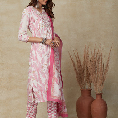 Floral Ethnic Printed Zari & Sequins Embroidered Kurta with Pants & Dupatta - White & Pink