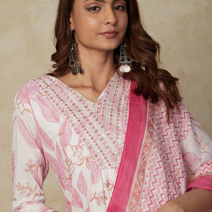 Floral Ethnic Printed Zari & Sequins Embroidered Kurta with Pants & Dupatta - White & Pink