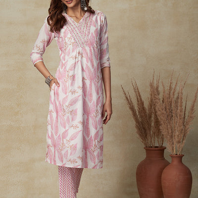 Floral Ethnic Printed Zari & Sequins Embroidered Kurta with Pants & Dupatta - White & Pink