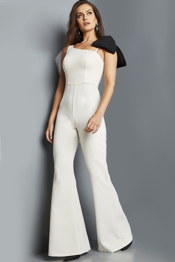 Jovani 22589 Long Bow Shoulder Formal Jumpsuit