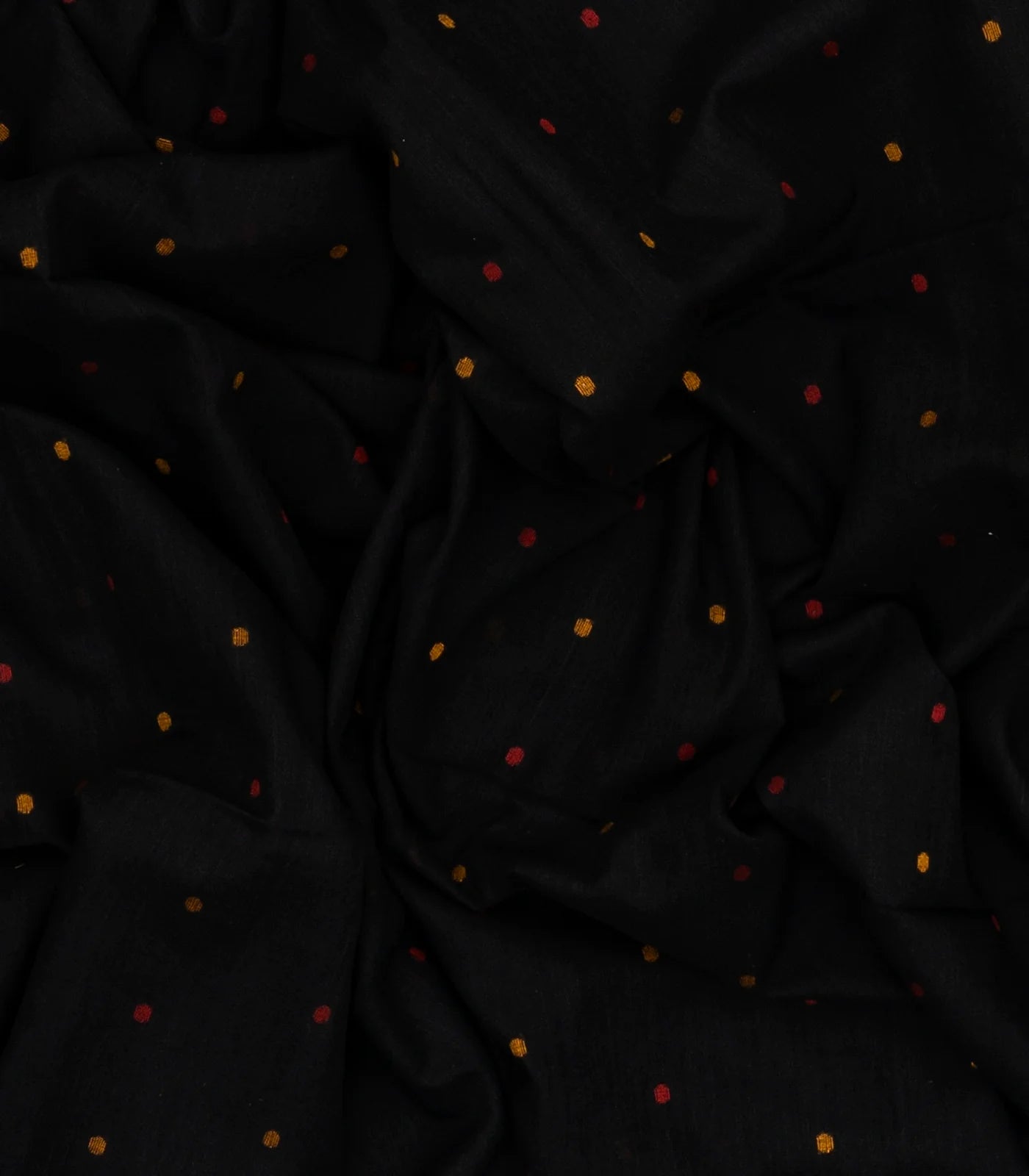 Black Handloom Bengal Cotton Saree With With Yellow and red buttis