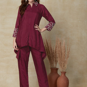 Solid Floral Embroidered Asymmetric Kurta with Pant - Deep Purple