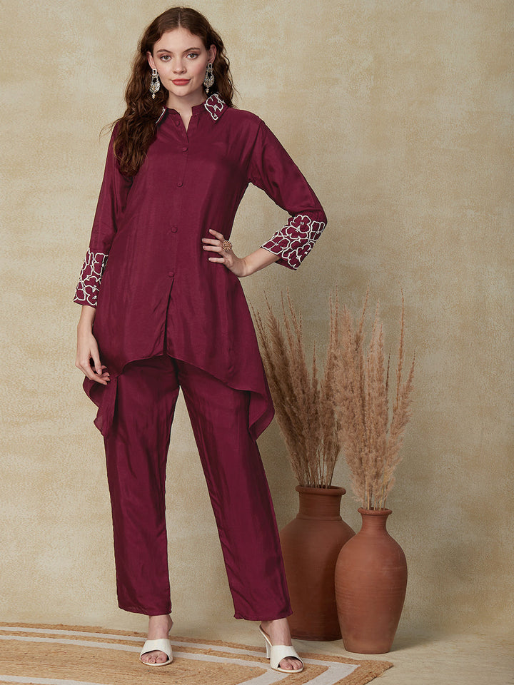 Solid Floral Embroidered Asymmetric Kurta with Pant - Deep Purple