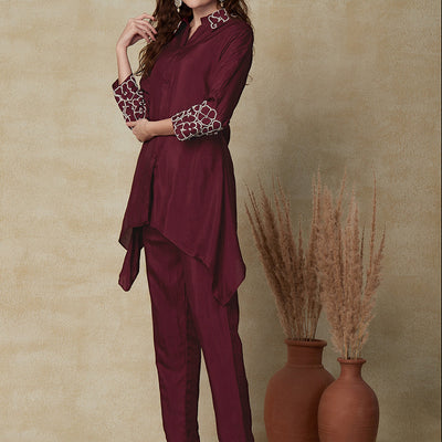 Solid Floral Embroidered Asymmetric Kurta with Pant - Deep Purple