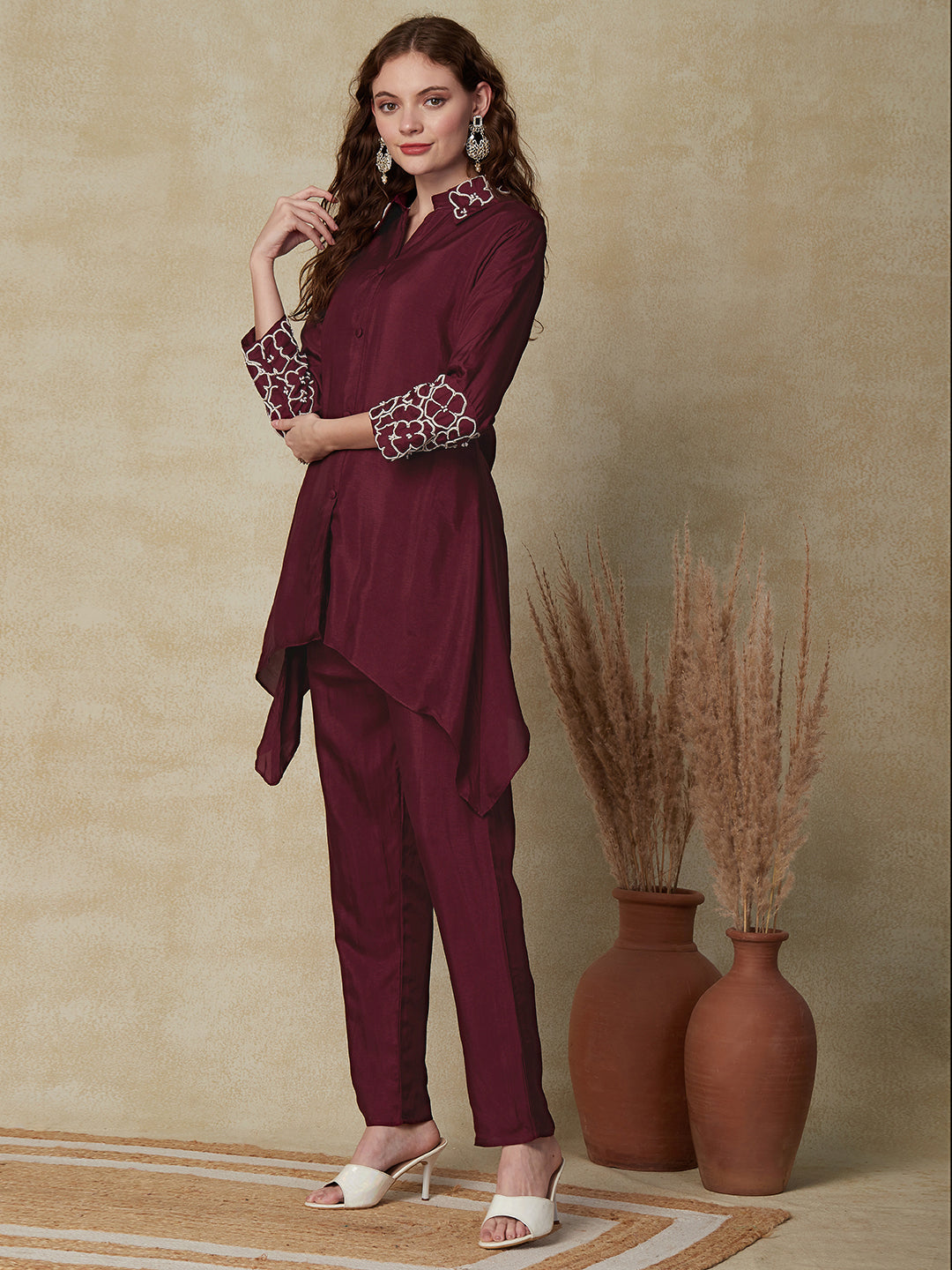 Solid Floral Embroidered Asymmetric Kurta with Pant - Deep Purple