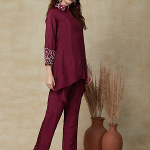 Solid Floral Embroidered Asymmetric Kurta with Pant - Deep Purple
