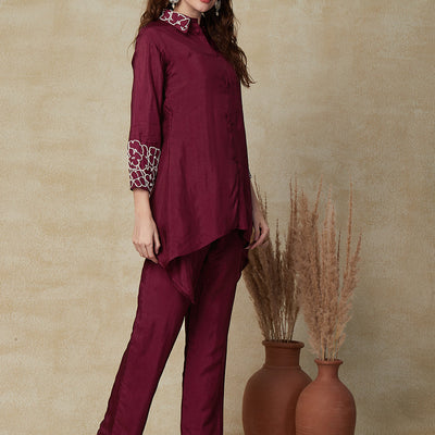 Solid Floral Embroidered Asymmetric Kurta with Pant - Deep Purple