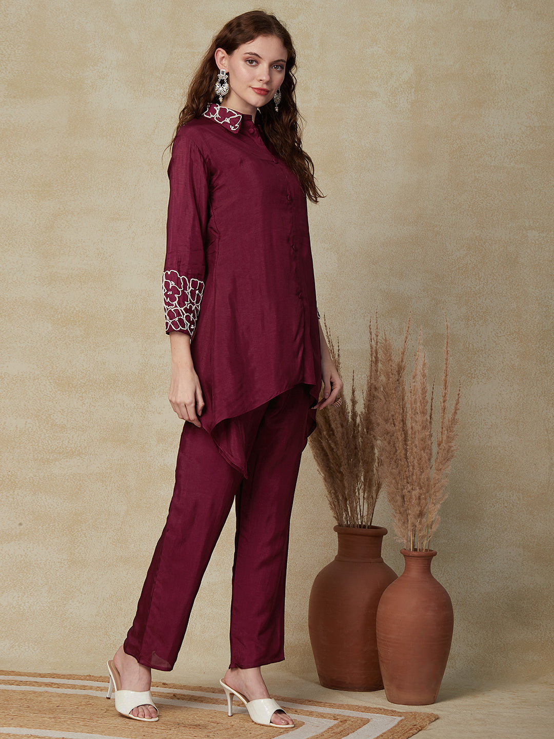 Solid Floral Embroidered Asymmetric Kurta with Pant - Deep Purple