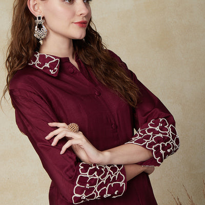Solid Floral Embroidered Asymmetric Kurta with Pant - Deep Purple