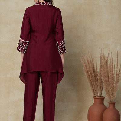 Solid Floral Embroidered Asymmetric Kurta with Pant - Deep Purple