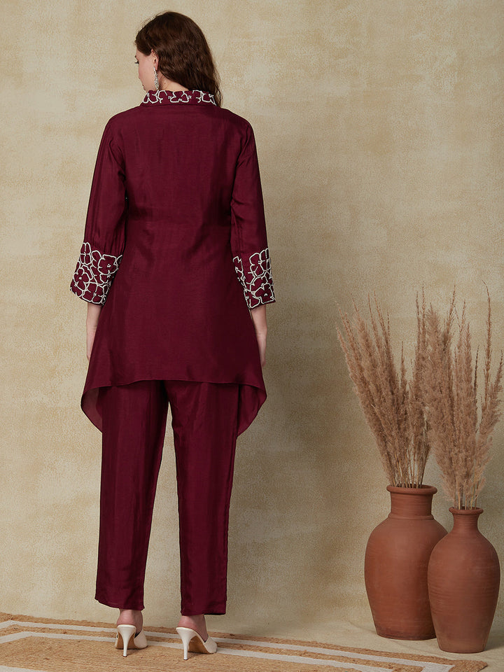 Solid Floral Embroidered Asymmetric Kurta with Pant - Deep Purple