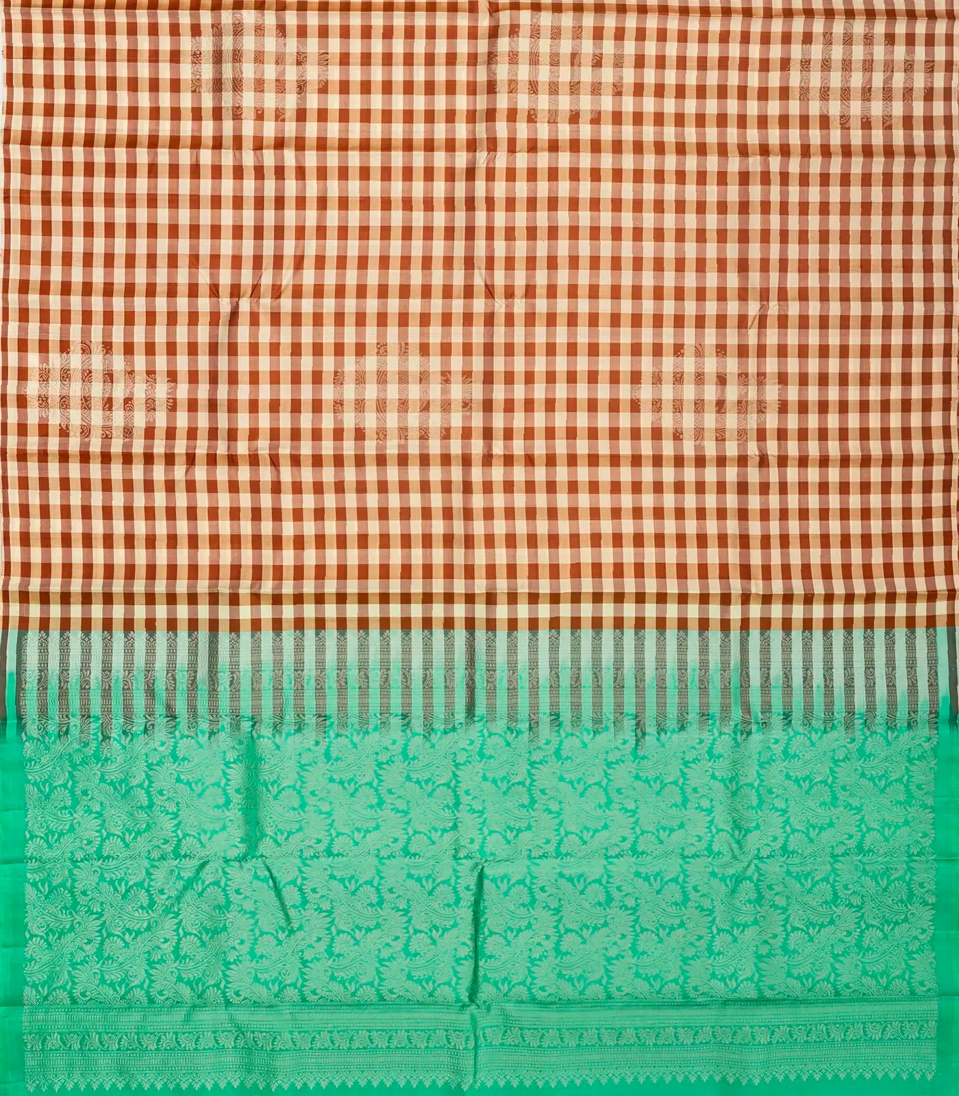 Brown Handloom Soft Silk Saree With Checks & Buttas