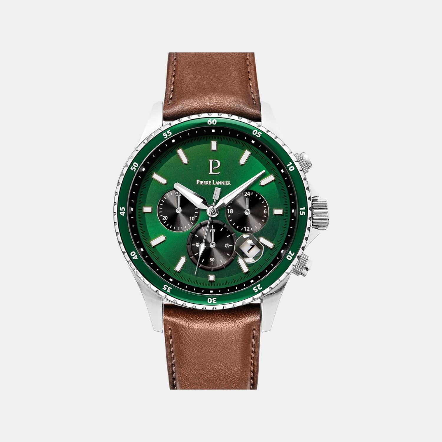 Cronos Men Quartz Green Dial Chronograph Leather Watch 227G164
