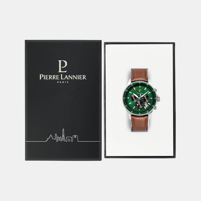 Cronos Men Quartz Green Dial Chronograph Leather Watch 227G164