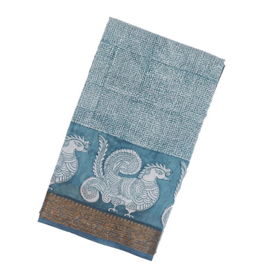 Steel Blue Woven Chanderi Cotton Saree Printed With Annam Motifs