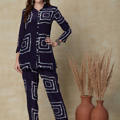 Abstract Printed Mother-of-Pearl Buttoned Shirt With Pants Indo-Western Co-ord Set - Blue