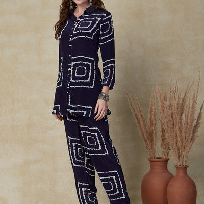 Abstract Printed Mother-of-Pearl Buttoned Shirt With Pants Indo-Western Co-ord Set - Blue