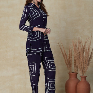 Abstract Printed Mother-of-Pearl Buttoned Shirt With Pants Indo-Western Co-ord Set - Blue