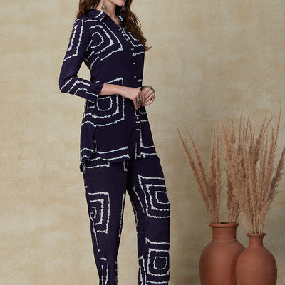 Abstract Printed Mother-of-Pearl Buttoned Shirt With Pants Indo-Western Co-ord Set - Blue