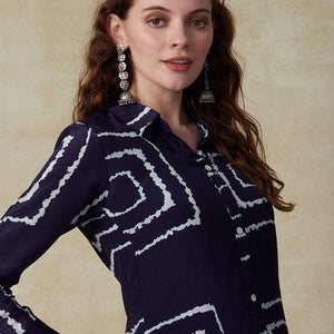 Abstract Printed Mother-of-Pearl Buttoned Shirt With Pants Indo-Western Co-ord Set - Blue