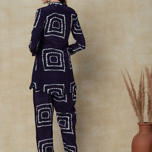 Abstract Printed Mother-of-Pearl Buttoned Shirt With Pants Indo-Western Co-ord Set - Blue