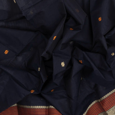 Midnight Blue Handloom Kanchi Cotton Saree With Annam Buttas