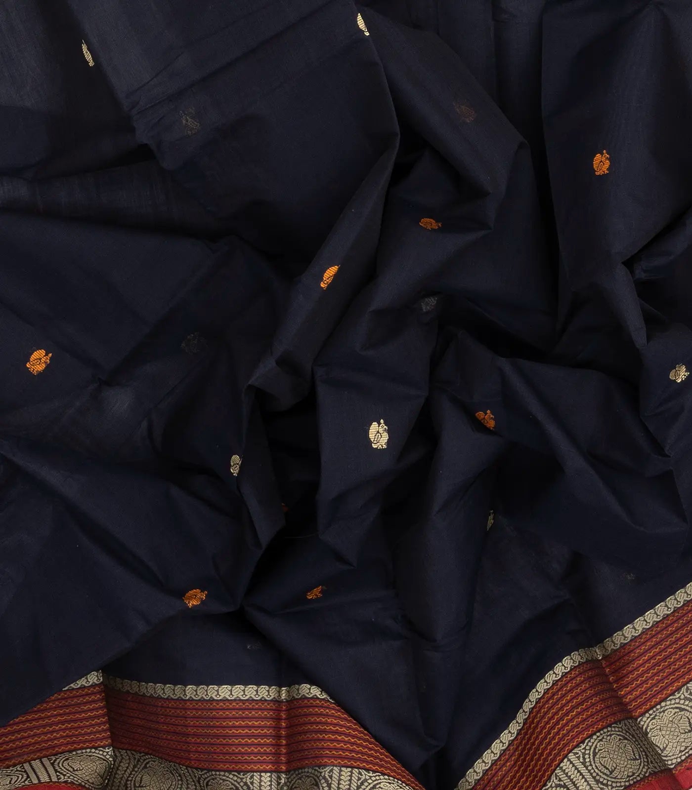 Midnight Blue Handloom Kanchi Cotton Saree With Annam Buttas