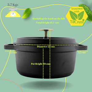 Trilonium Pre-Seasoned Cast Iron Dutch Oven Pot, Casserole, Biryani Pot, Cooking Pot with Lid | Gas & Induction Compatible | Black | 1 Pc