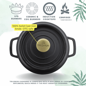 Trilonium Pre-Seasoned Cast Iron Dutch Oven Pot, Casserole, Biryani Pot, Cooking Pot with Lid | Gas & Induction Compatible | Black | 1 Pc