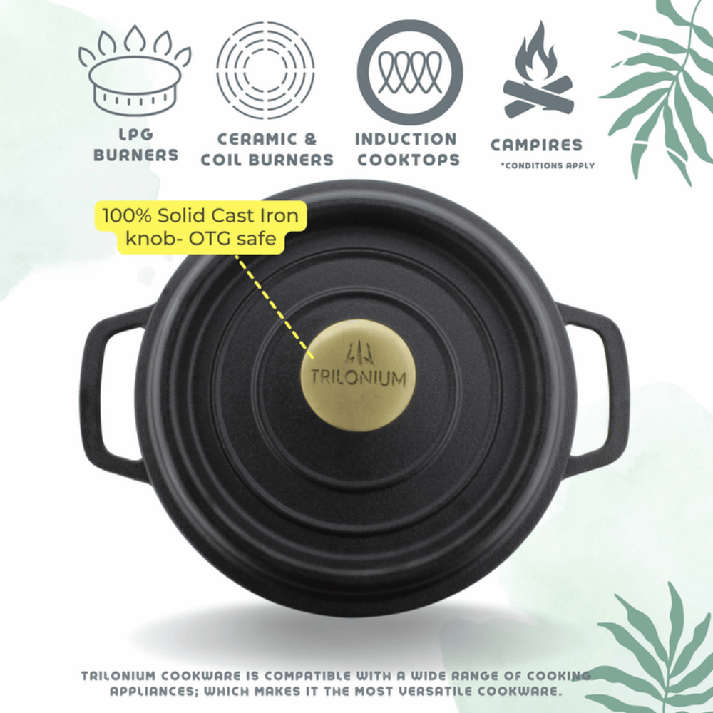Trilonium Pre-Seasoned Cast Iron Dutch Oven Pot, Casserole, Biryani Pot, Cooking Pot with Lid | Gas & Induction Compatible | Black | 1 Pc
