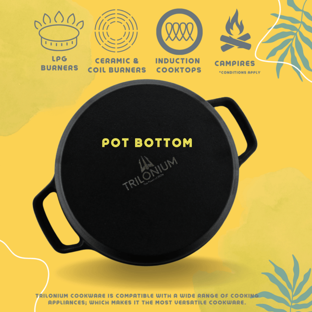 Trilonium Pre-Seasoned Cast Iron Dutch Oven Pot, Casserole, Biryani Pot, Cooking Pot with Lid | Gas & Induction Compatible | Black | 1 Pc