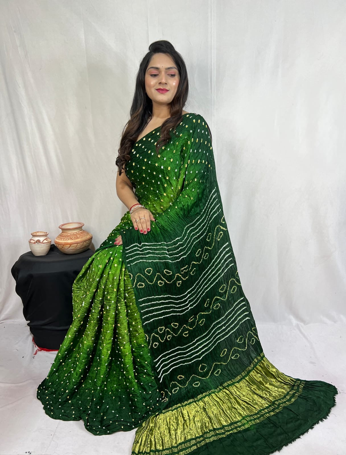 Pure Modal Silk Barik Bandhej work Bandhani Saree