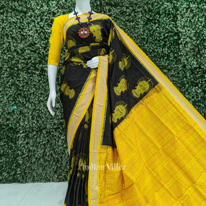 Black Yellow Nartaki Face Sambalpuri Ikat Silk Saree