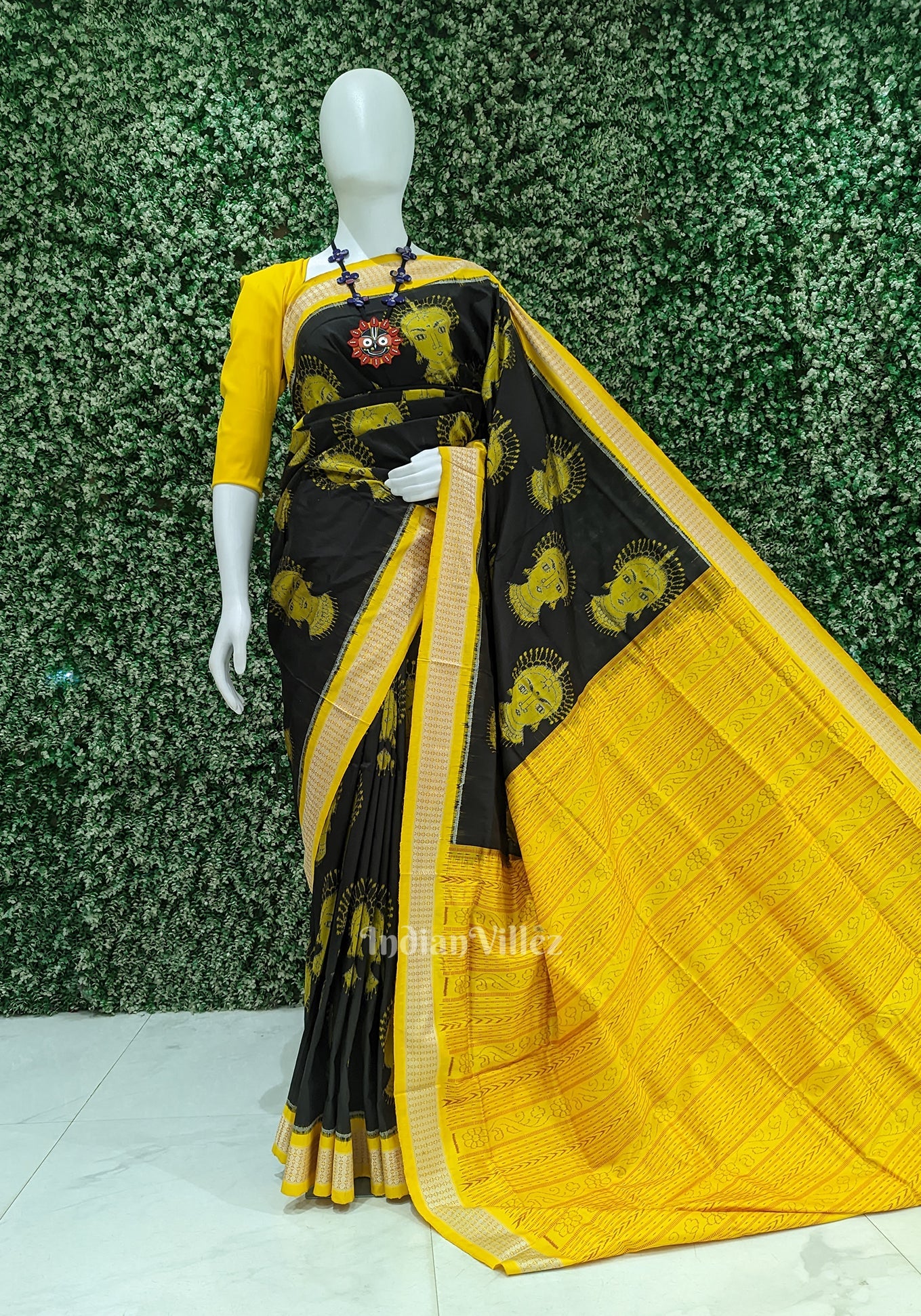 Black Yellow Nartaki Face Sambalpuri Ikat Silk Saree