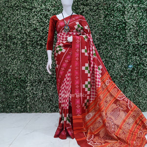 Red Rani Pasapali Theme Odisha Ikat Contemporary Silk Saree
