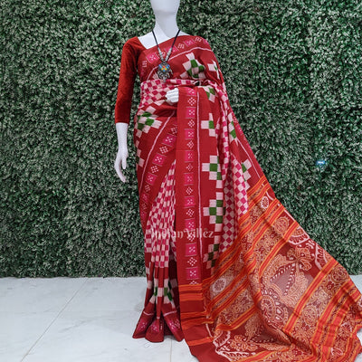 Red Rani Pasapali Theme Odisha Ikat Contemporary Silk Saree