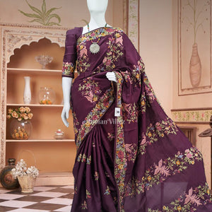 Maroon Parsi Gara Floral Motif Hand Embroidered Saree