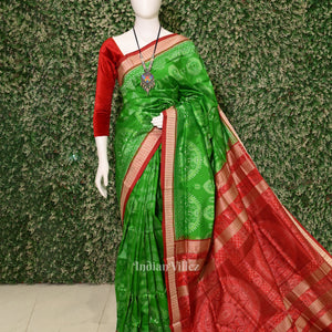 Green Odisha Ikat Laxmi Pada Jhoti Theme Sambalpuri Silk Saree