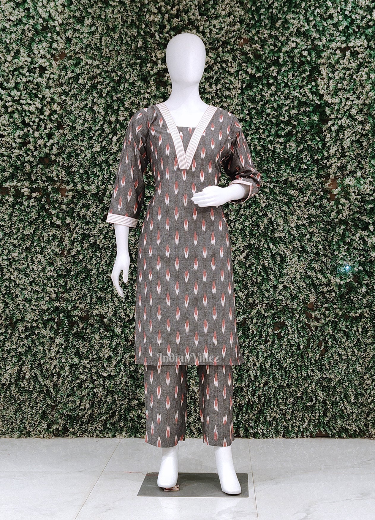 Gray Odisha Ikat Designer Cotton Kurti Set with Pallazo (Co-Ords Set)