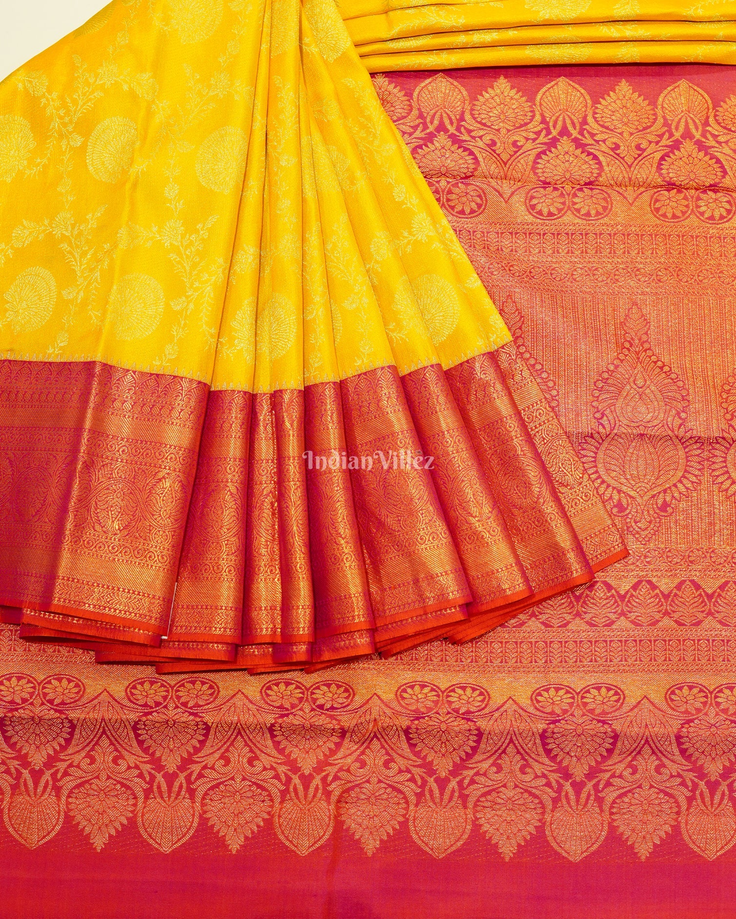 Yellow Pink Pure Kanjivaram Silk Saree