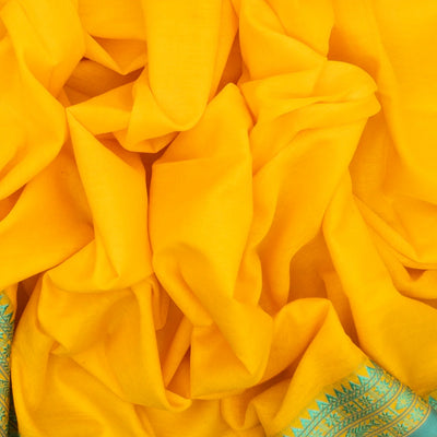 Yellow Handloom Bengal Cotton Saree With Turquoise Border
