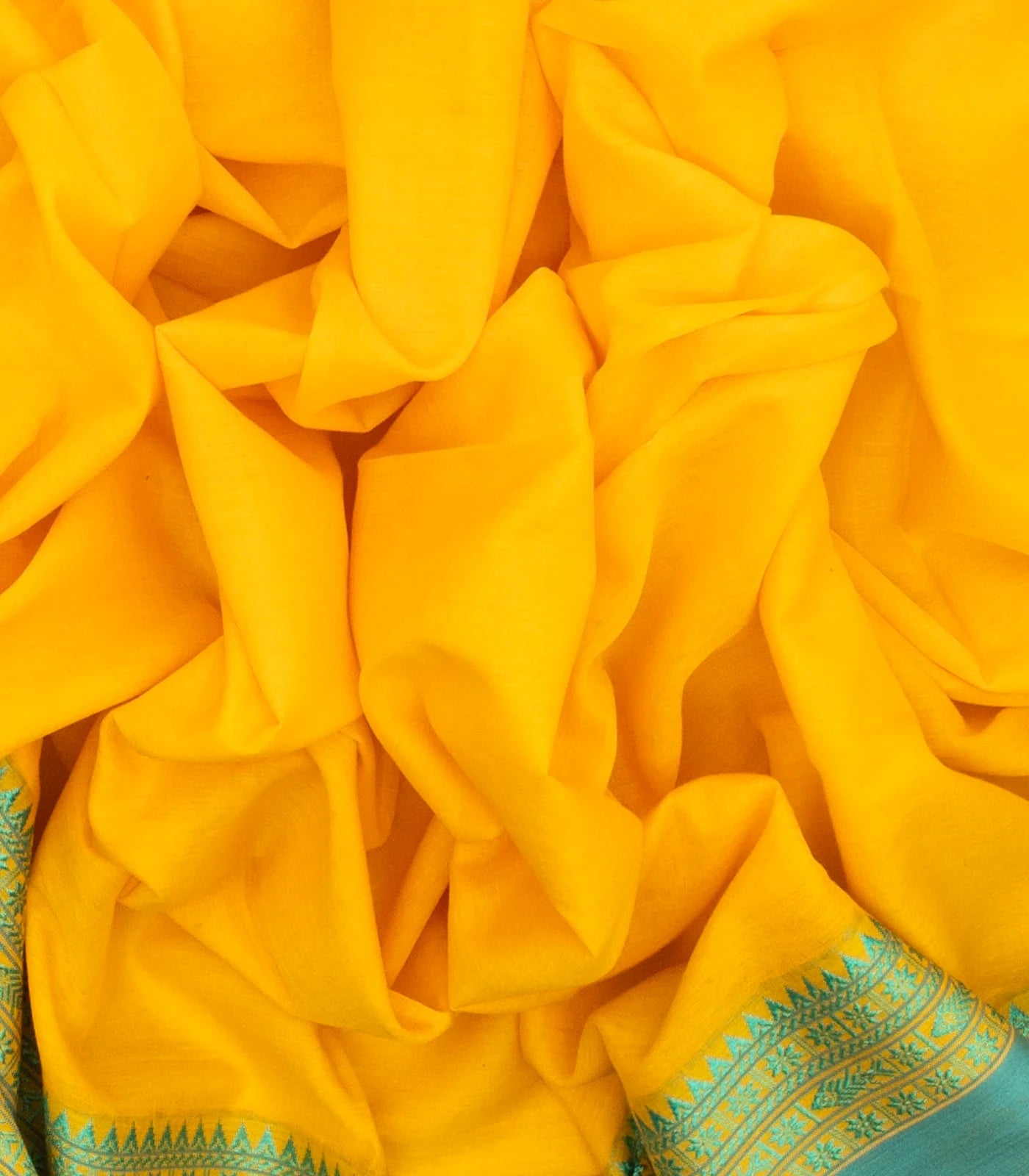 Yellow Handloom Bengal Cotton Saree With Turquoise Border