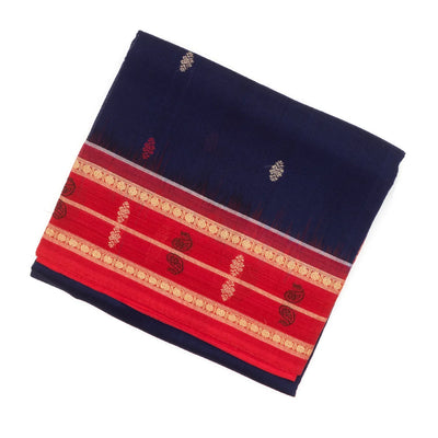 Dark Blue Orissa Cotton Saree With Mango Motifs And Floral Butta